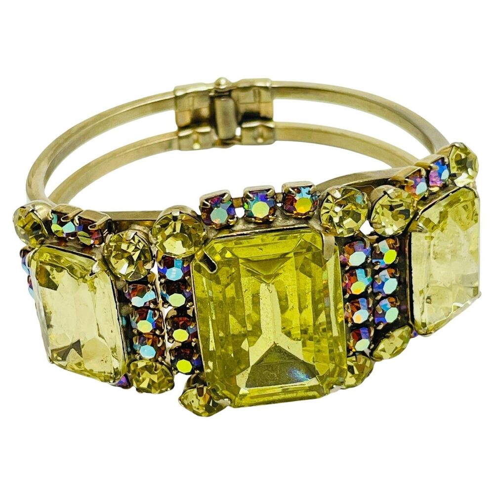 Vintage gold tone glass stones designer clamper bracelet